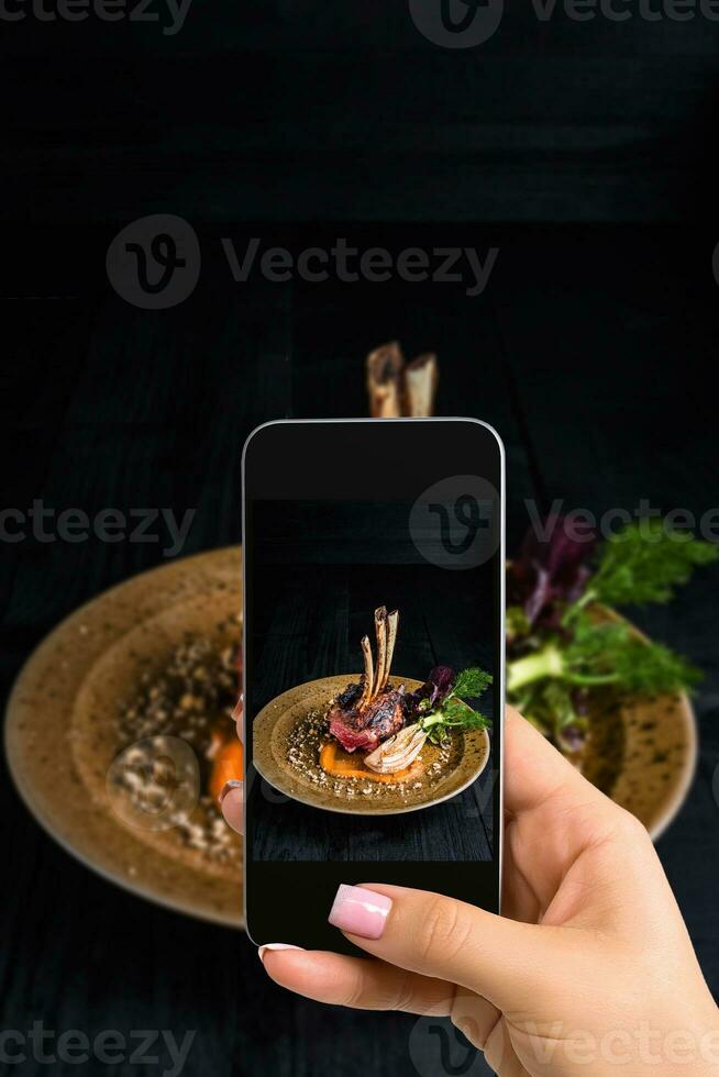 A young woman taking photo of food on smartphone, photographing meal with mobile camera