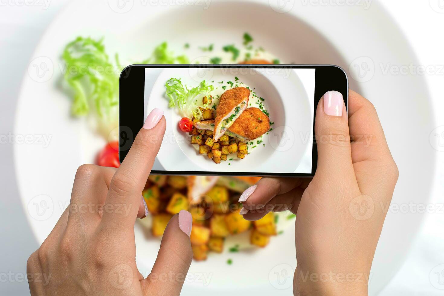 A young woman taking photo of food on smartphone, photographing meal with mobile camera