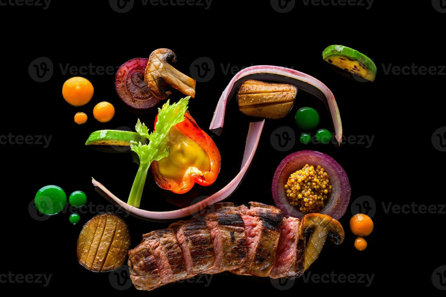 Sliced meat with fresh herbs, vegetables and spices on black background, top view photo