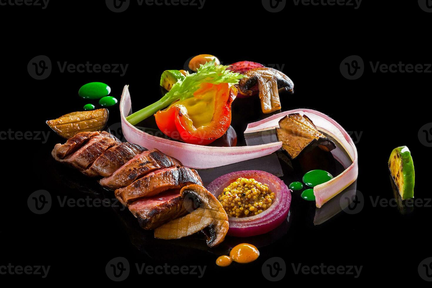 Sliced meat with fresh herbs, vegetables and spices on black background, top view photo