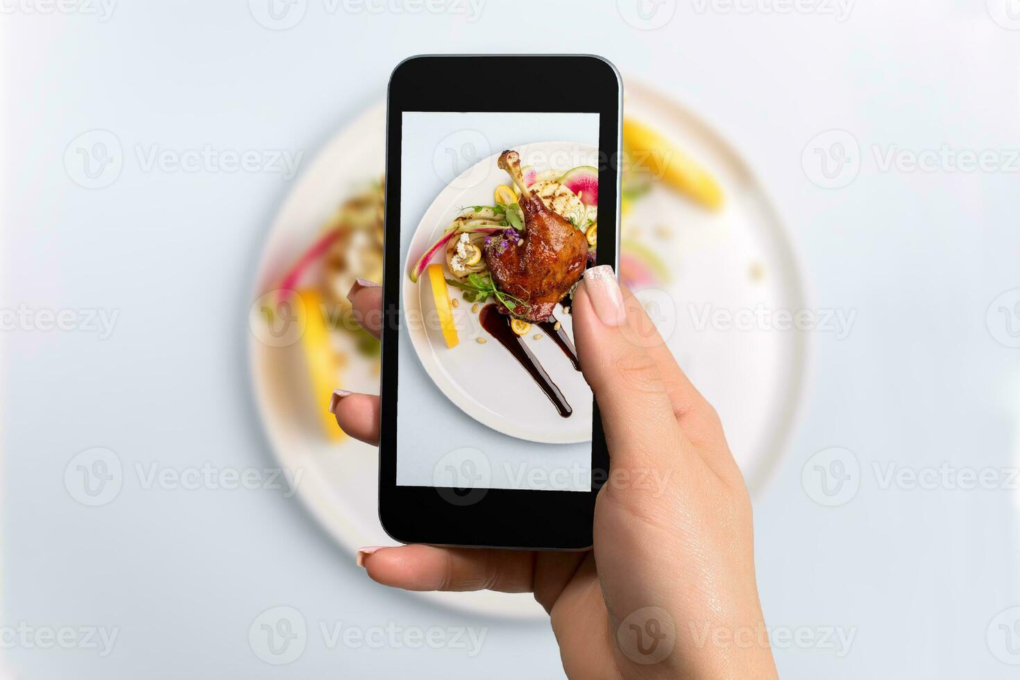 Smartphone photo of a main dish of duck leg and fresh vegetables setting.