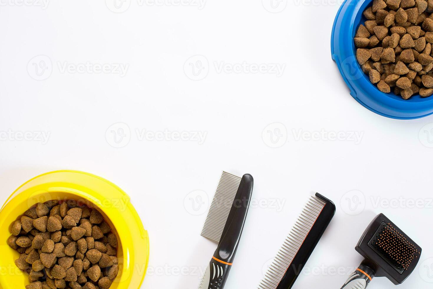 dry pet food in bowl, combs and brushes for dogs on white background top view photo