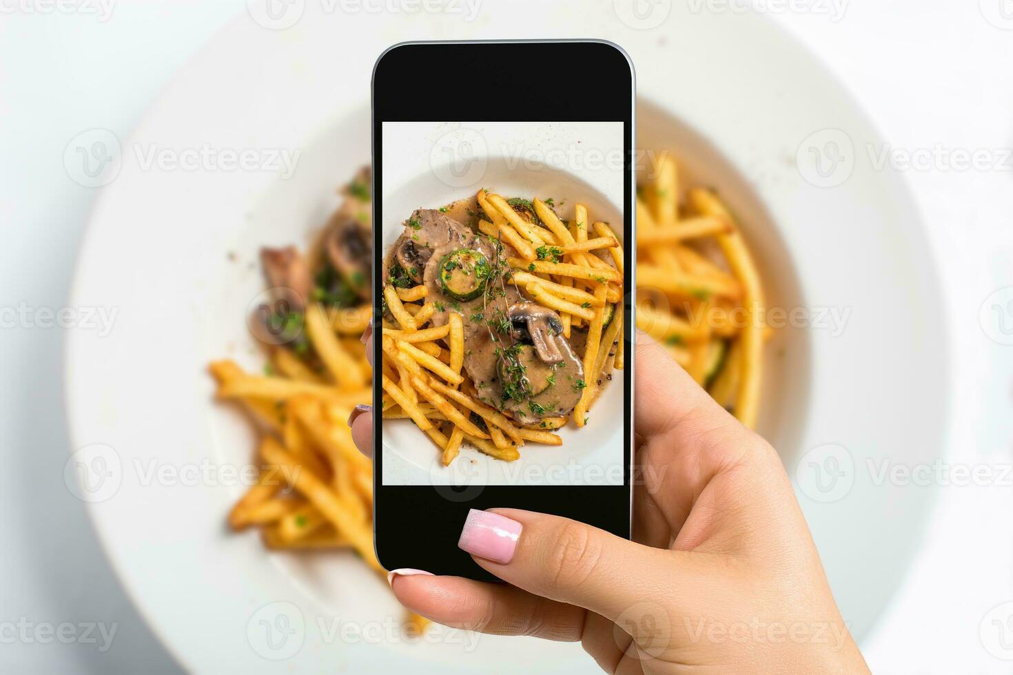 Shooting food on phone's camera. Meat with mushroom sauce and french fries photo