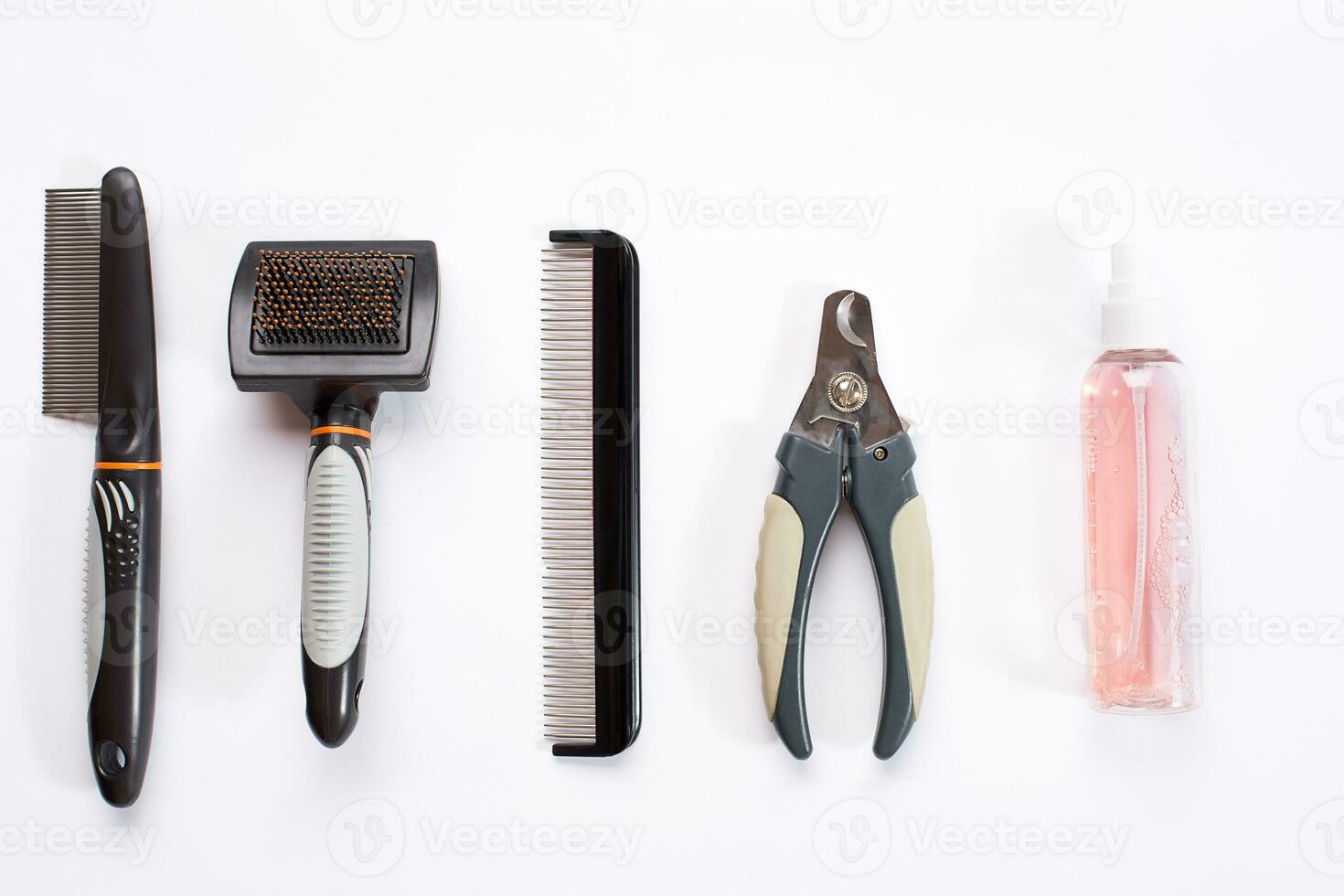Acessories for the grooming of the dog. Combs and brushes for dogs. Top view photo