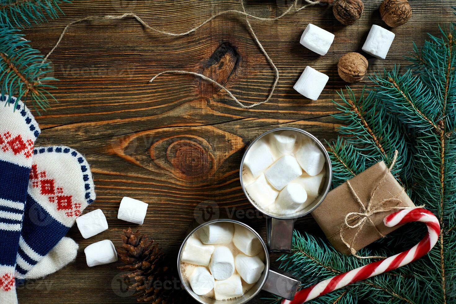 Cocoa with marshmallow, chocolate and spruce branches on a wooden background photo