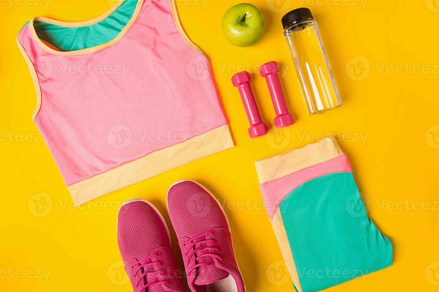 Top view, flat lay. Mockup. Sports and fitness background. photo
