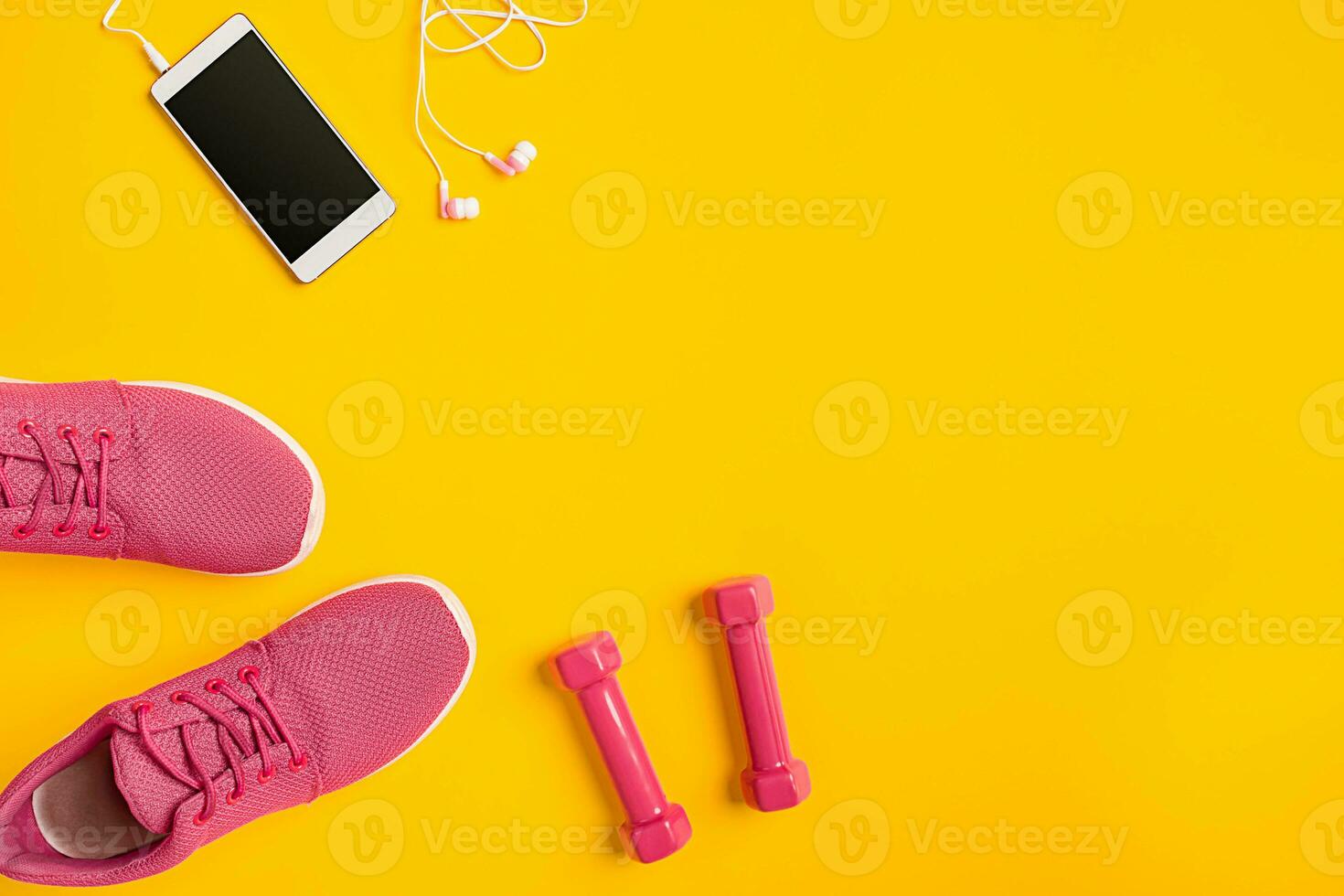 Top view, flat lay. Mockup. Sports and fitness background. photo