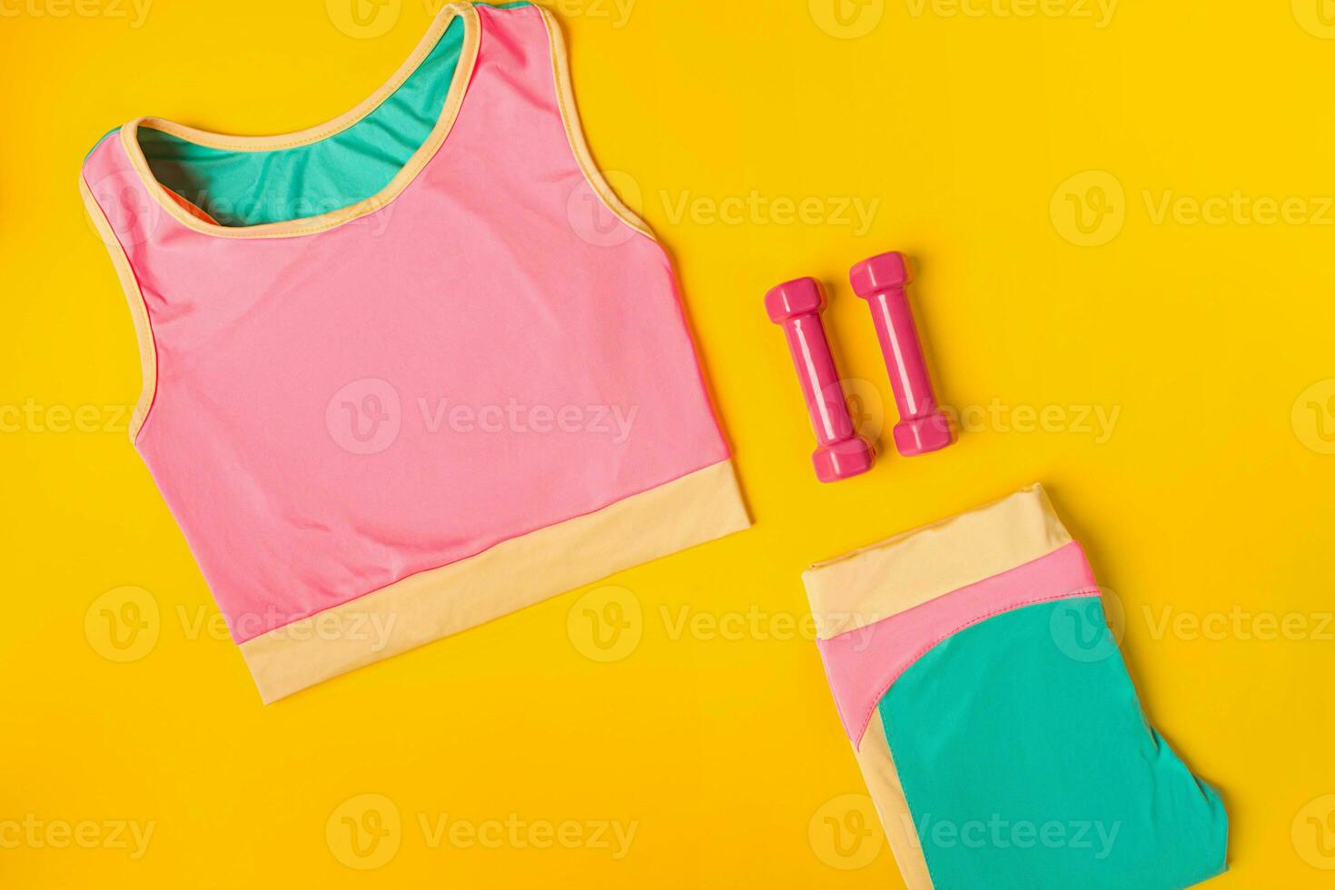 Top view, flat lay. Mockup. Sports and fitness background. photo