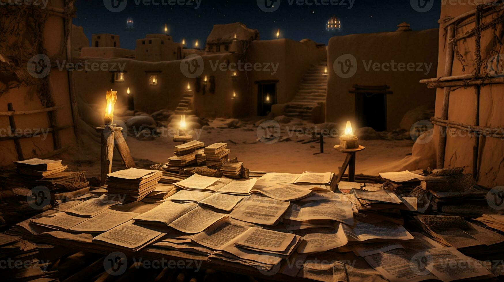 Night view of Timbuktu Manuscripts. Generative AI photo