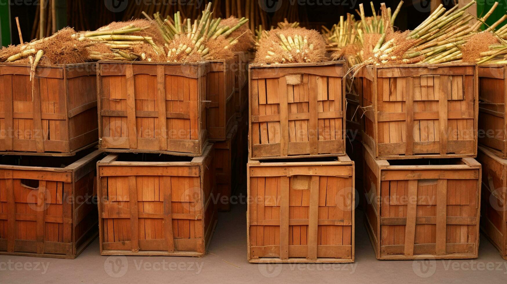 Freshly picked Sugarcane fruit from garden placed in the boxes. Generative AI photo