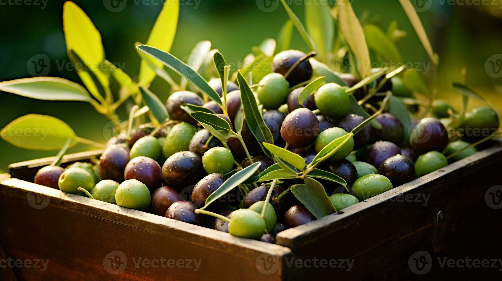 recién escogido aceituna Fruta desde jardín metido en el cajas generativo ai foto