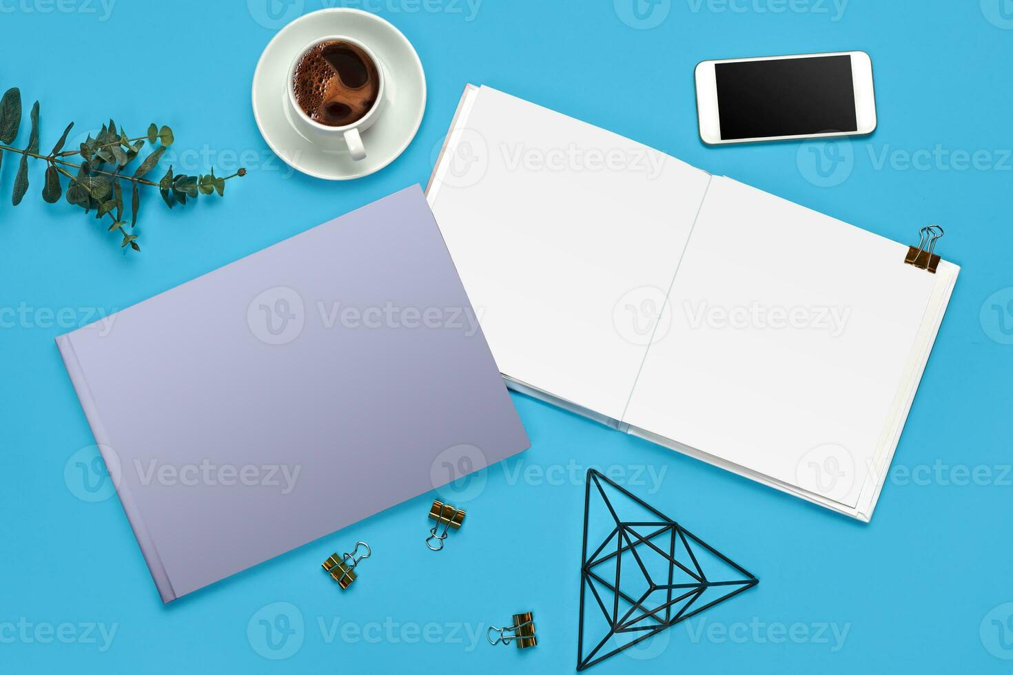 Mobile phone, notebook or photo book, binder clips, iron figurine of triangle, cup of coffee and green twig on blue background. Close up, copy space