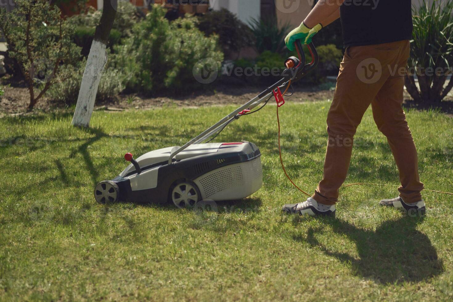 Male in casual outfit and gloves is cutting green grass with electric lawn mower in his garden. Gardening care equipment and services. Sunny day photo