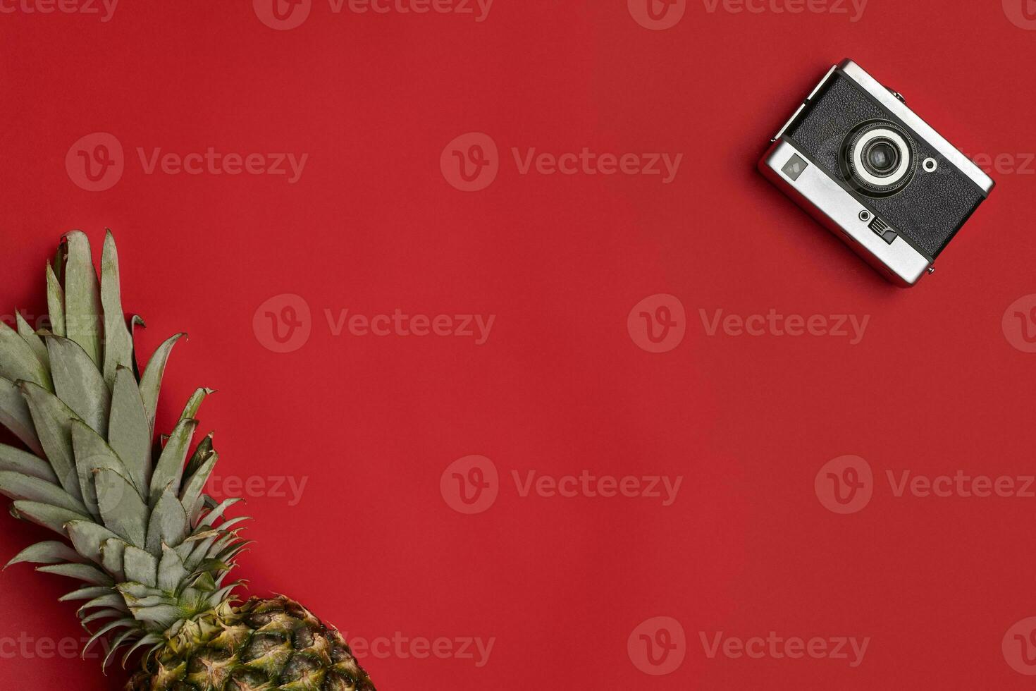 Old vintage camera and ripe pineapple against red studio background. Close up, copy space. Top view photo