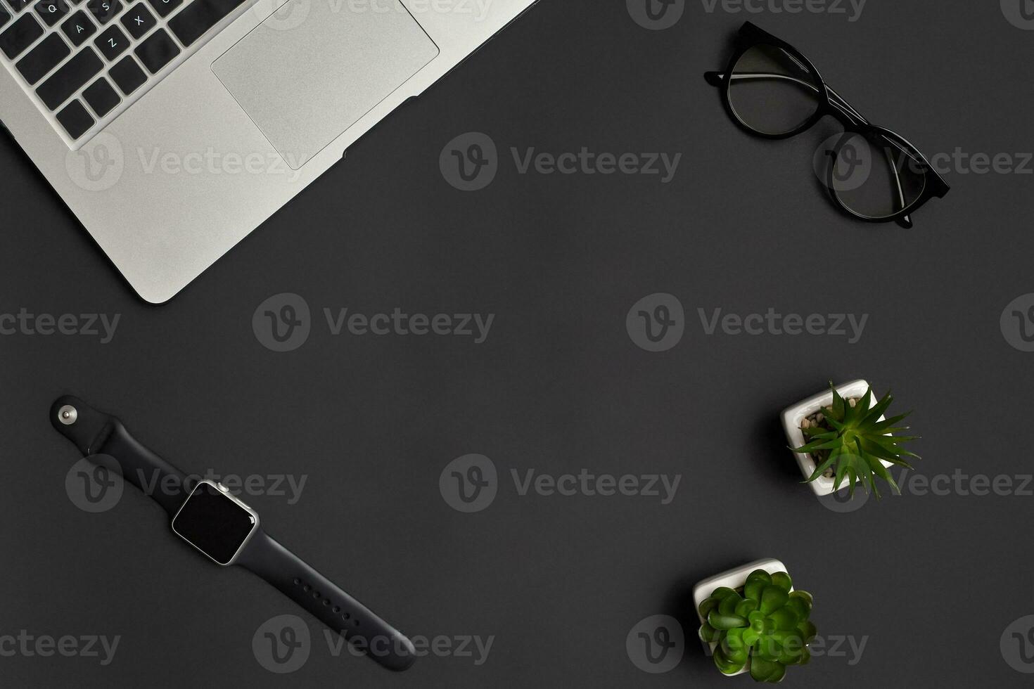 Metallic notebook or laptop, glasses, smartwatch and two green succulents in white pots on black studio background. Close up, copy space photo