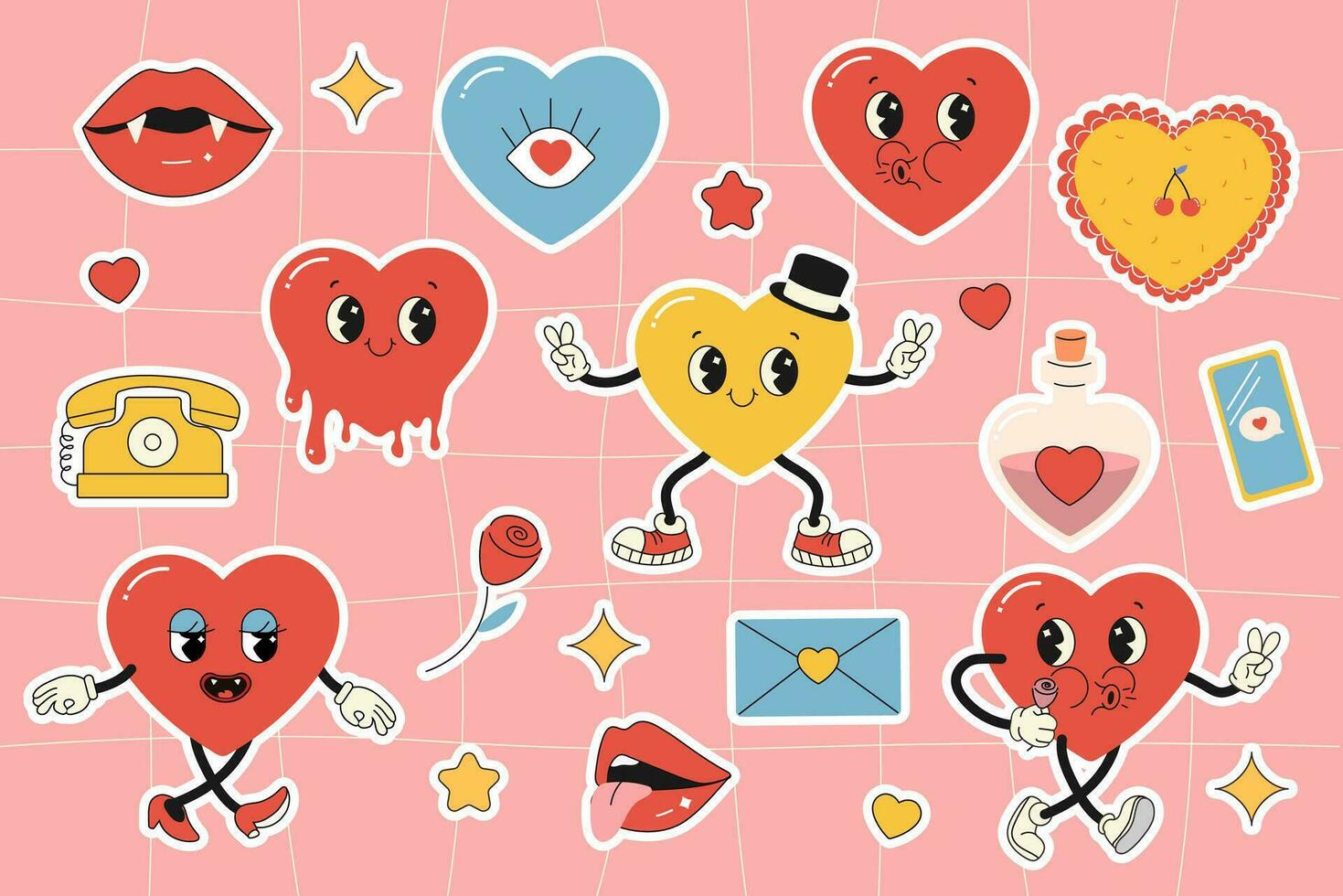 Set groovy heart character, valentine's day, vector