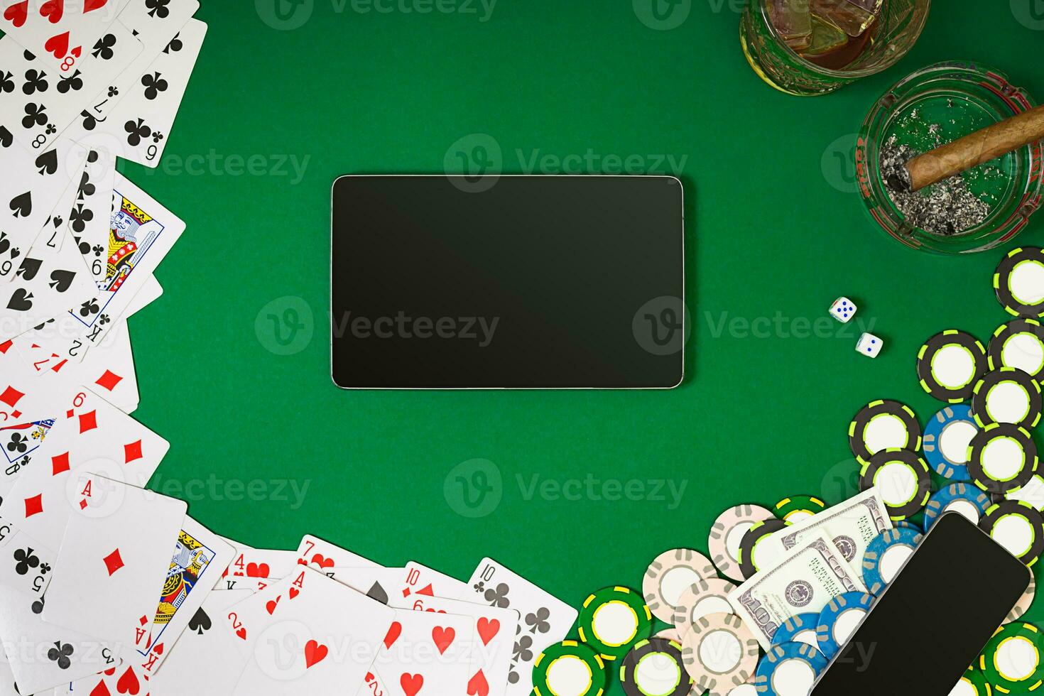 View from above with copy space. Banner template layout mockup for online casino. Green table, top view on workplace. photo