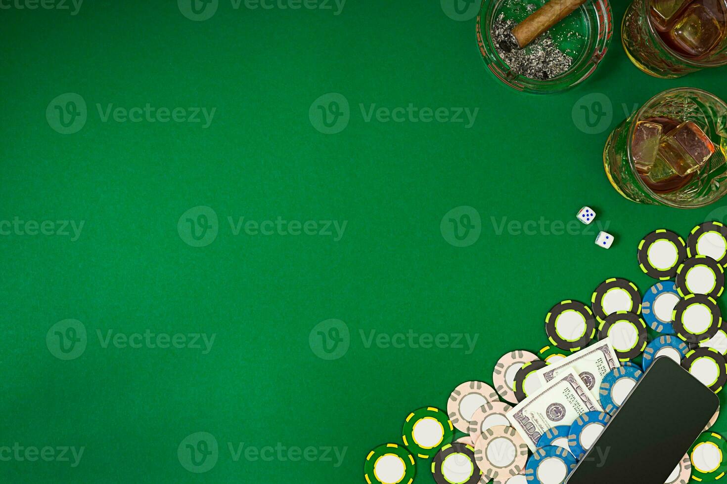 View from above with copy space. Banner template layout mockup for online casino. Green table, top view on workplace. photo