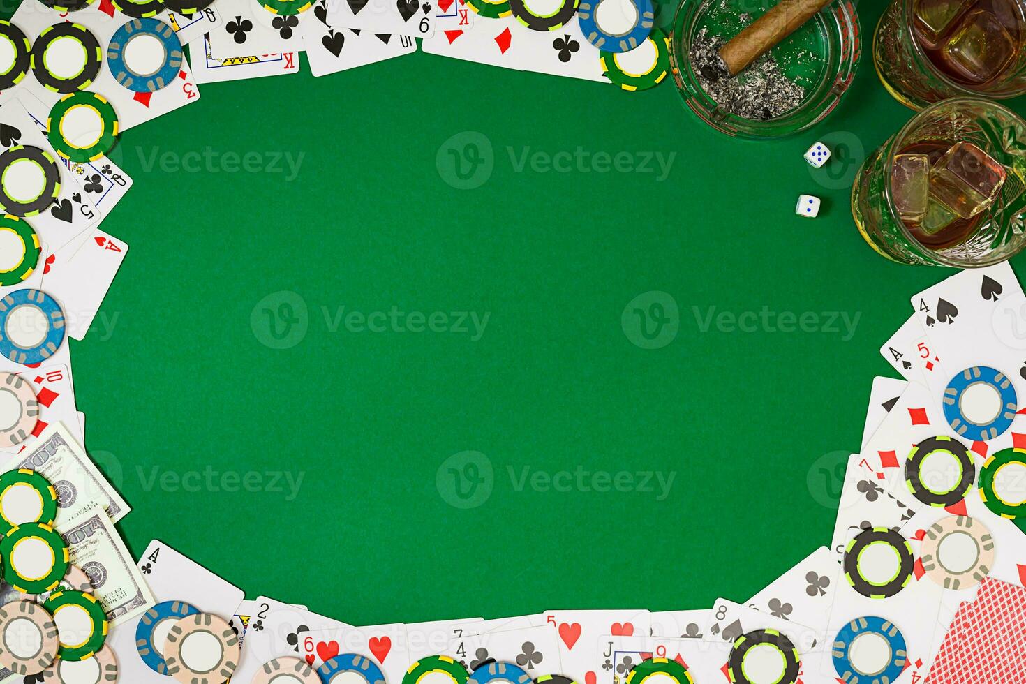 View from above with copy space. Banner template layout mockup for online casino. Green table, top view on workplace. photo