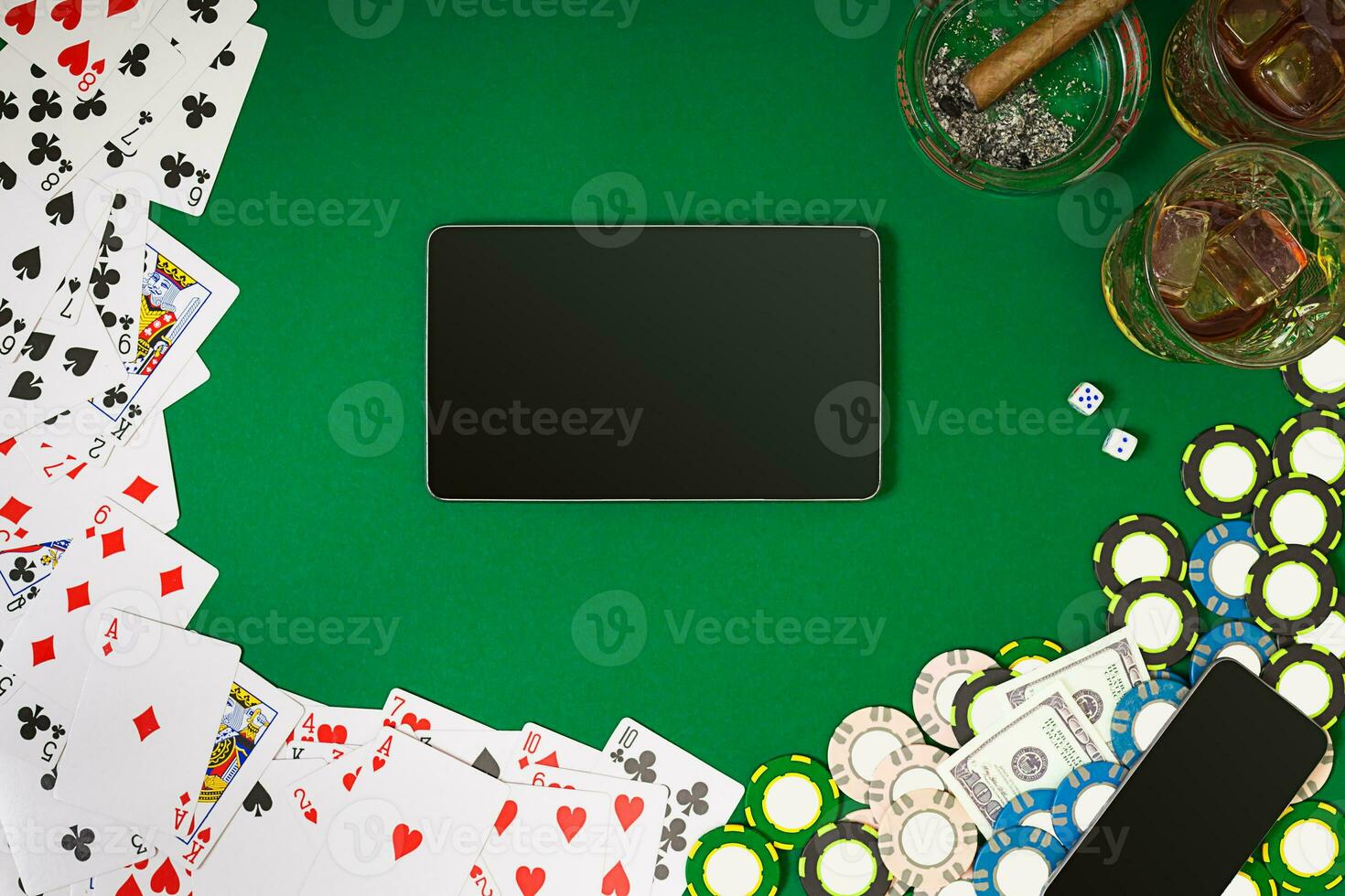 View from above with copy space. Banner template layout mockup for online casino. Green table, top view on workplace. photo