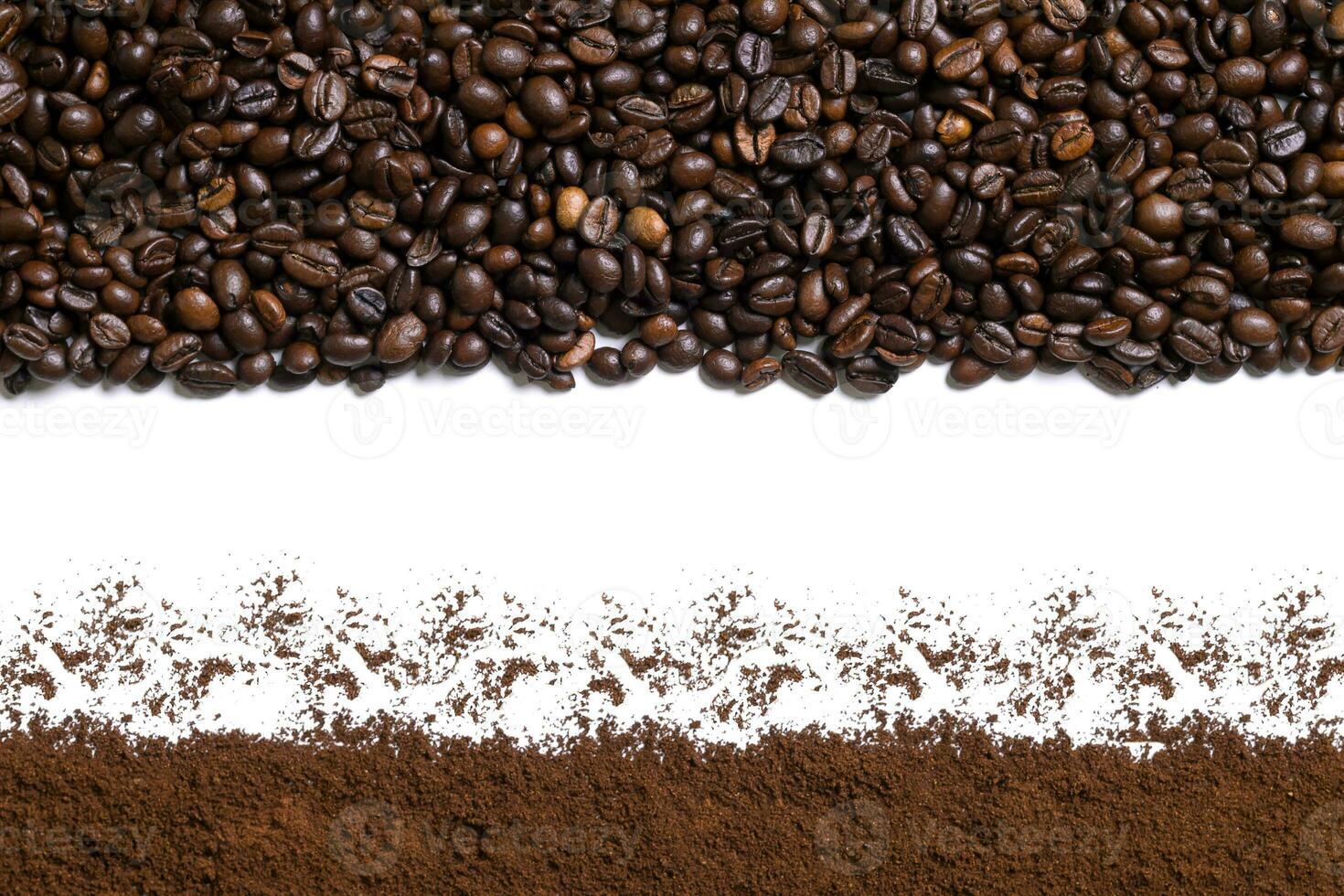 White background with coffee beans and ground coffee on below and above photo