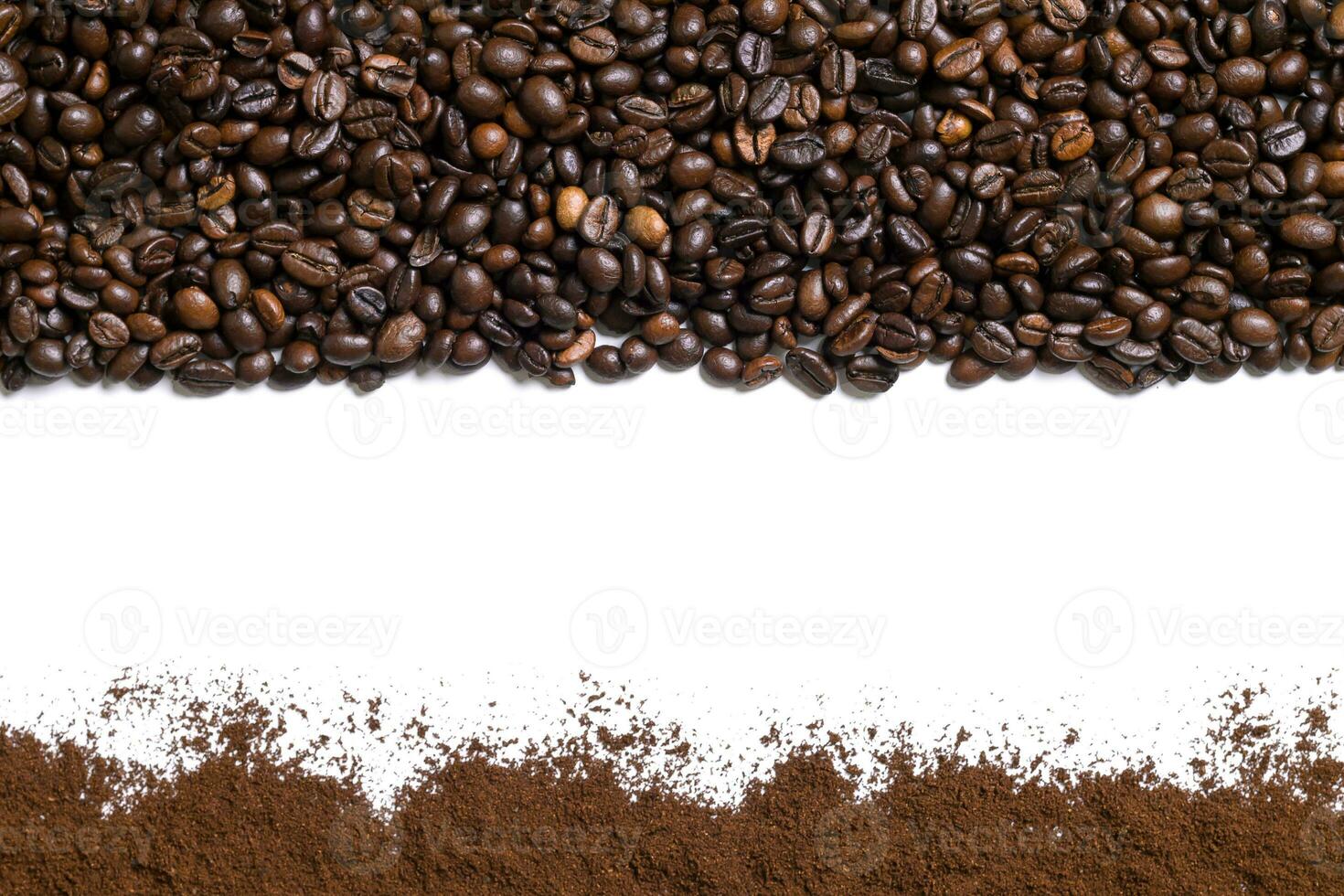 White background with coffee beans and ground coffee on below and above photo