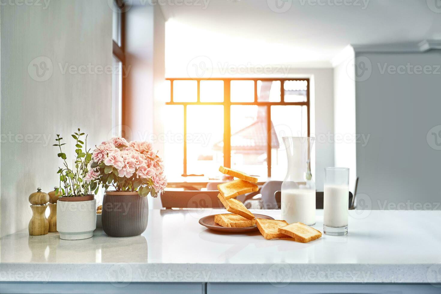 Flying toasts for breakfast and a glass of milk drink. Levitation food and healthy breakfast concept. photo