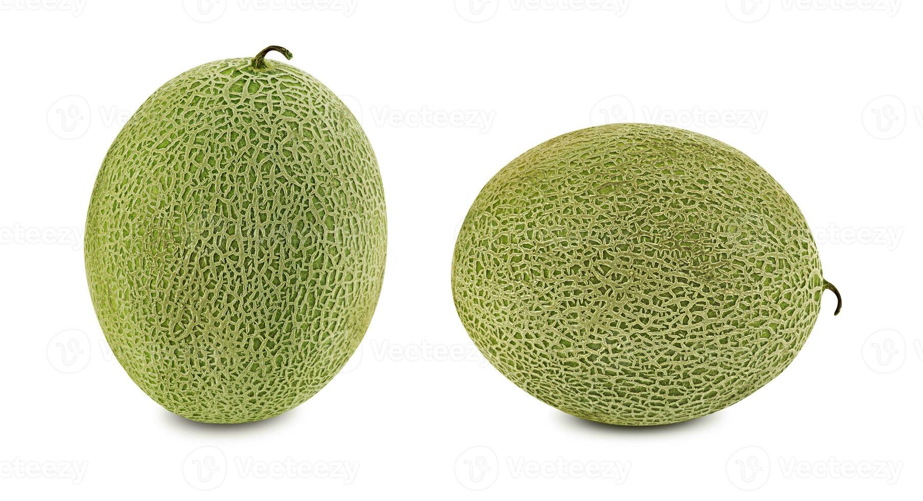 Two delicious, sweet cantaloupe melons isolated on white background with copy space for text or images. Side view. Close-up shot. photo