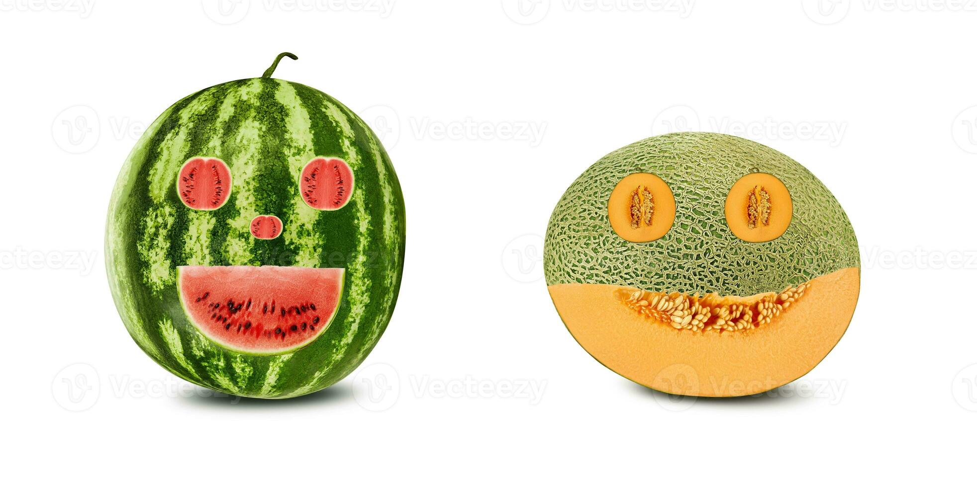 Smile emoticons carved out in watermelon and melon, isolated on white with copy space for text or images. Red and yellow flesh with seeds. Close-up. photo