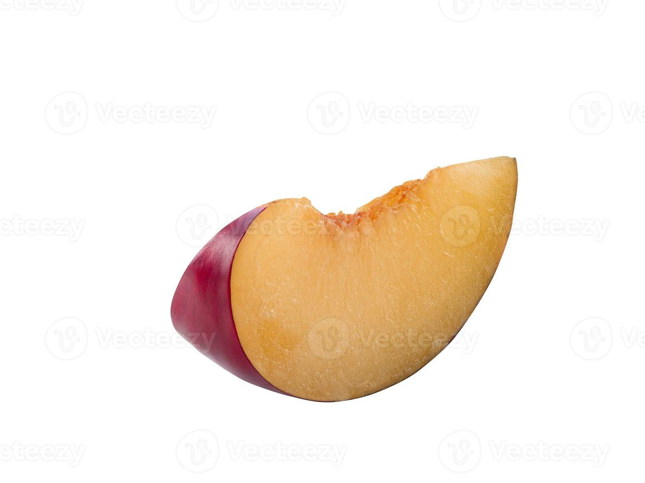 Slice of smooth-skinned, purple plum fruit without kernel isolated on white background with copy space for text or images. Side view. Close-up shot. photo