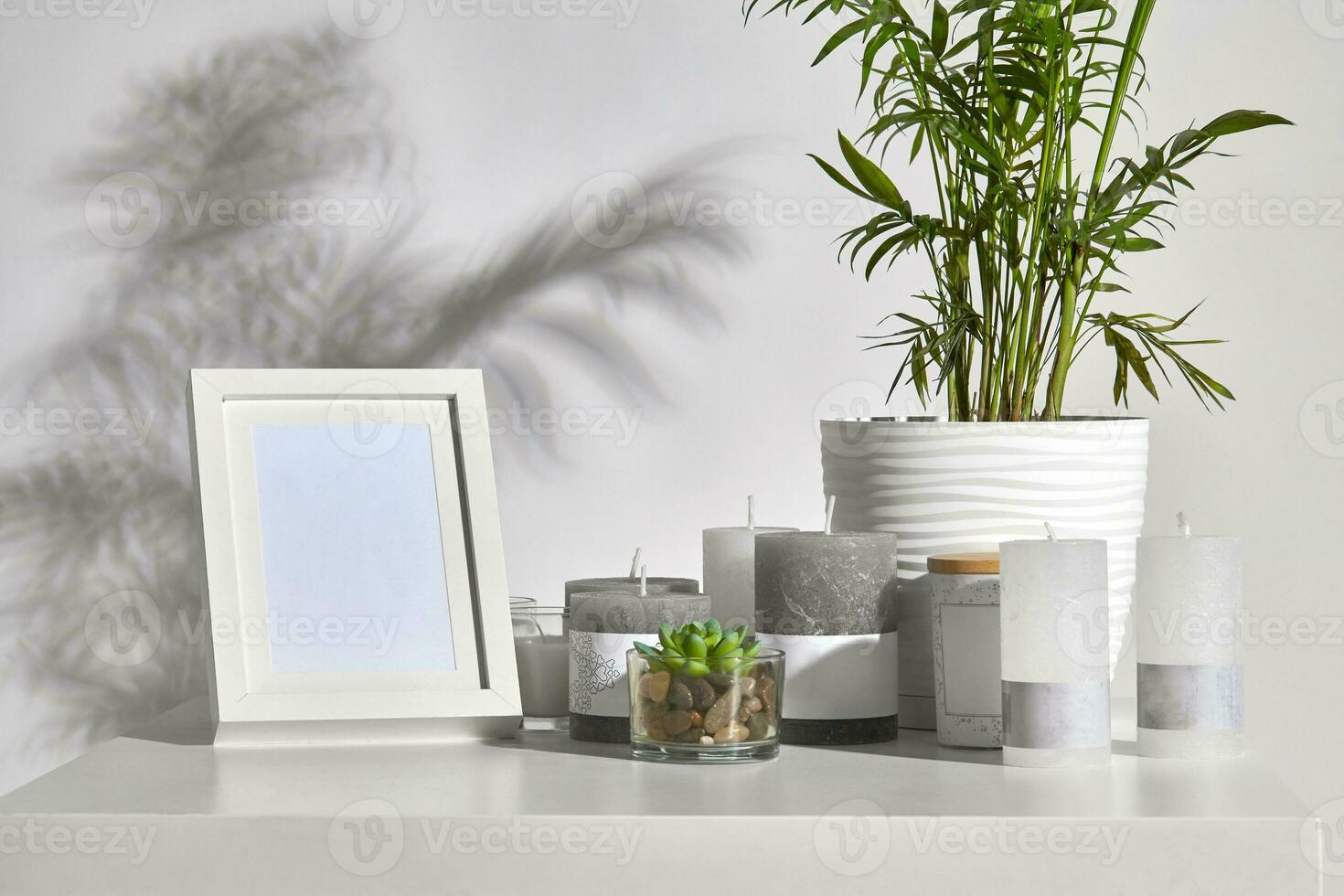 Table with green plant and succulent in pots, different sized and colors candles, photo frame, jar with a wooden lid. Isolated on white. Close up