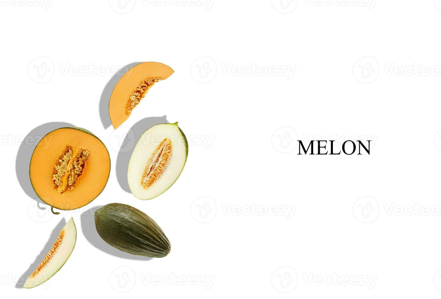 Melons of different varieties, whole, halves and slices, isolated on white with inscription melon and copy space for text, images. Close-up, top view. photo