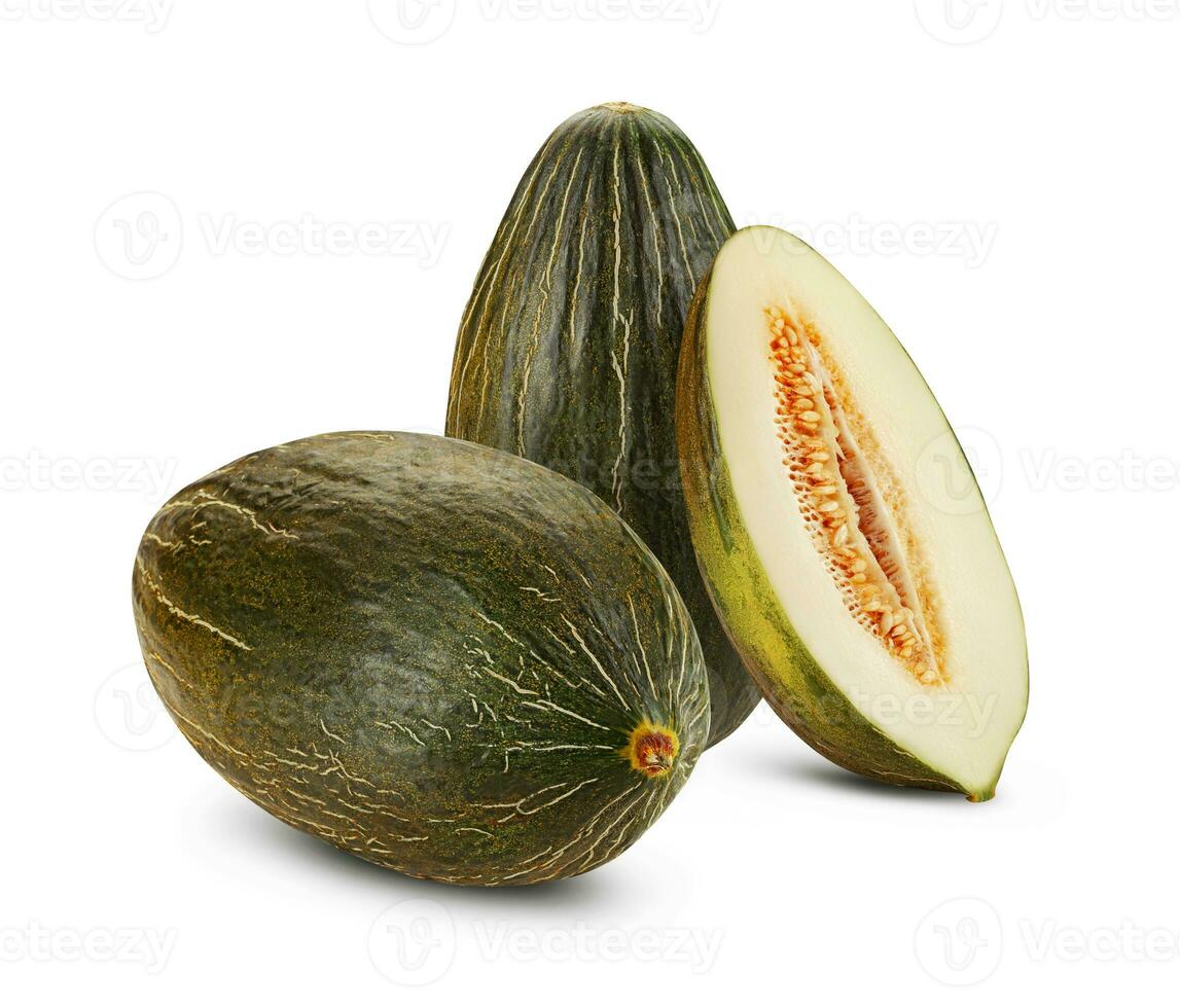 Delicious green tendral melon in cross-section, isolated on white background with copy space for text or images. Side view. Close-up shot. photo