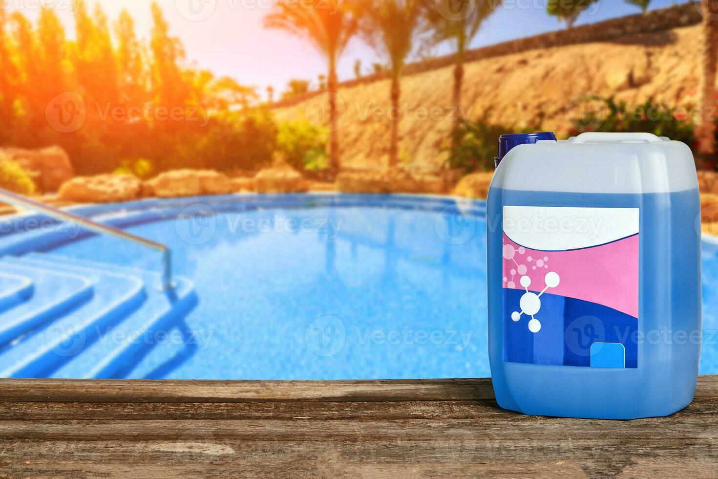 Equipment with chemical cleaning products and tools for the maintenance of the swimming pool. photo