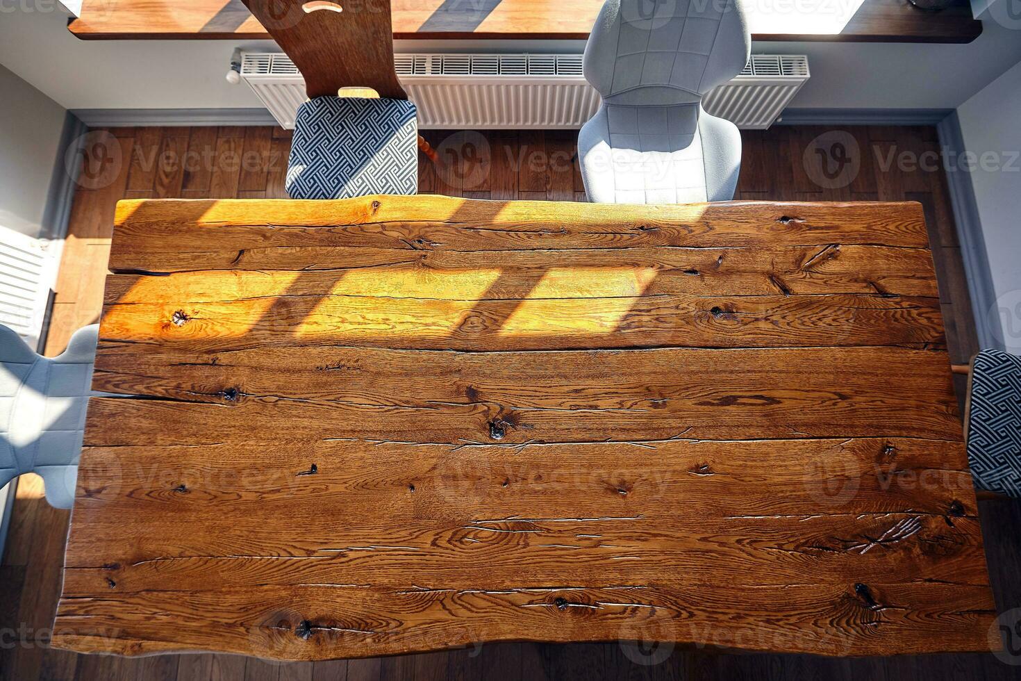 Top view of dining wooden table at the kitchen. Copy space photo