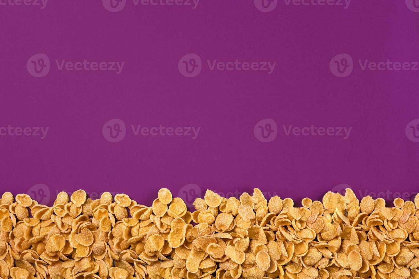 A frame lined with corn flakes. Cornflakes scattered on a purple background. Copy space photo