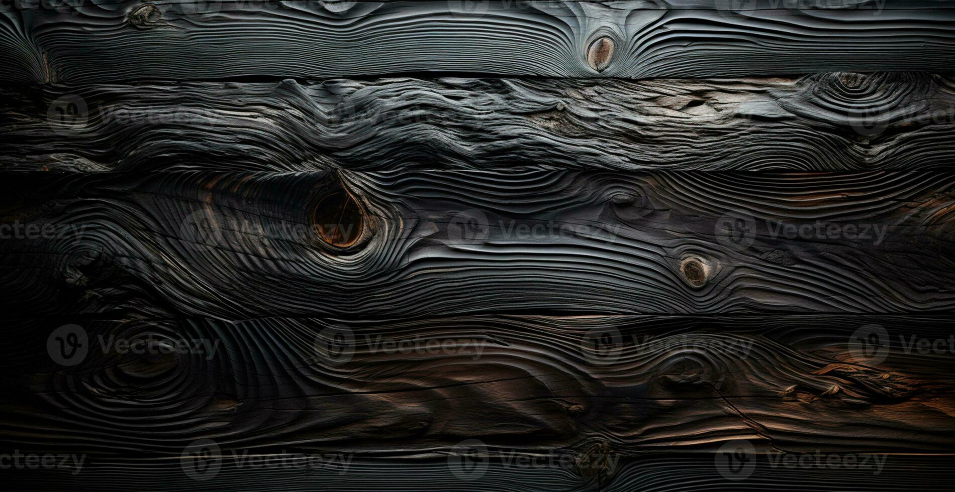 Dark burnt wood texture, black panoramic background - AI generated image photo