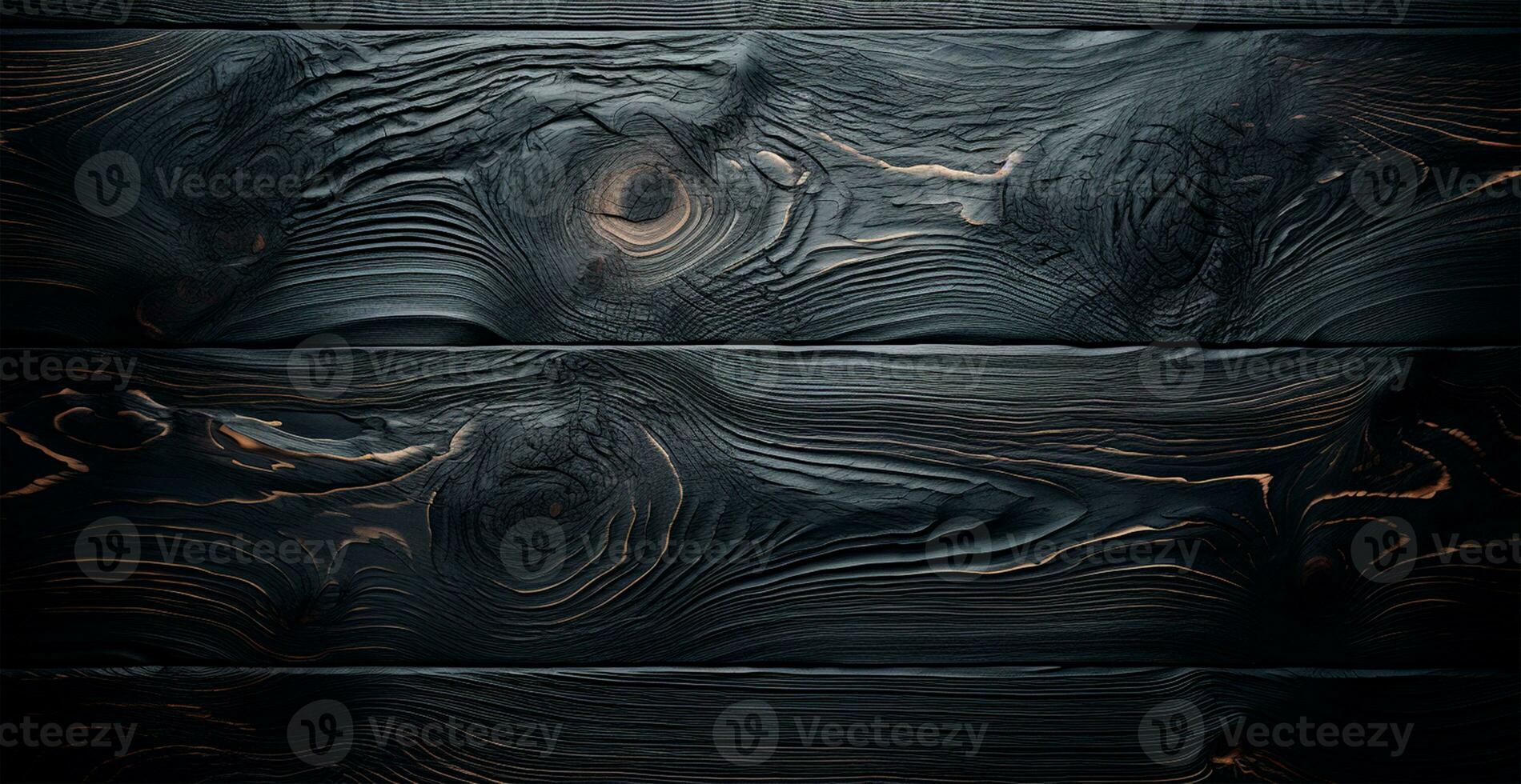 Dark burnt wood texture, black panoramic background - AI generated image photo