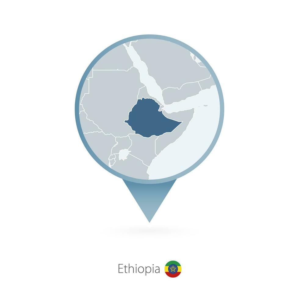 Map pin with detailed map of Ethiopia and neighboring countries. vector