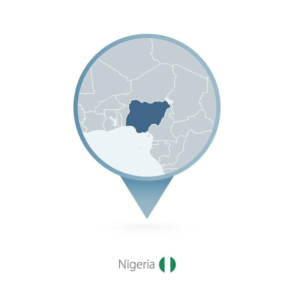 Map pin with detailed map of Nigeria and neighboring countries. vector