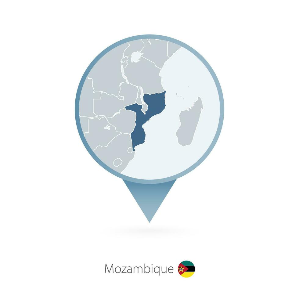 Map pin with detailed map of Mozambique and neighboring countries. vector