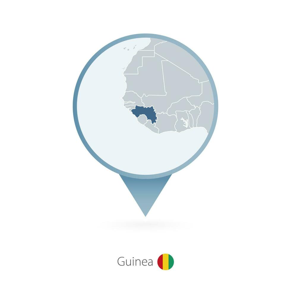Map pin with detailed map of Guinea and neighboring countries. vector