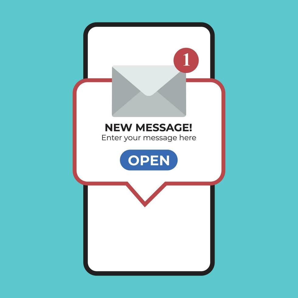 New message notification concept on realistic smartphone mockup. New email pop up. Incoming, open messaging. Chatting, mail, post, letter symbol, sign, emblem with new notification for UI UX website vector