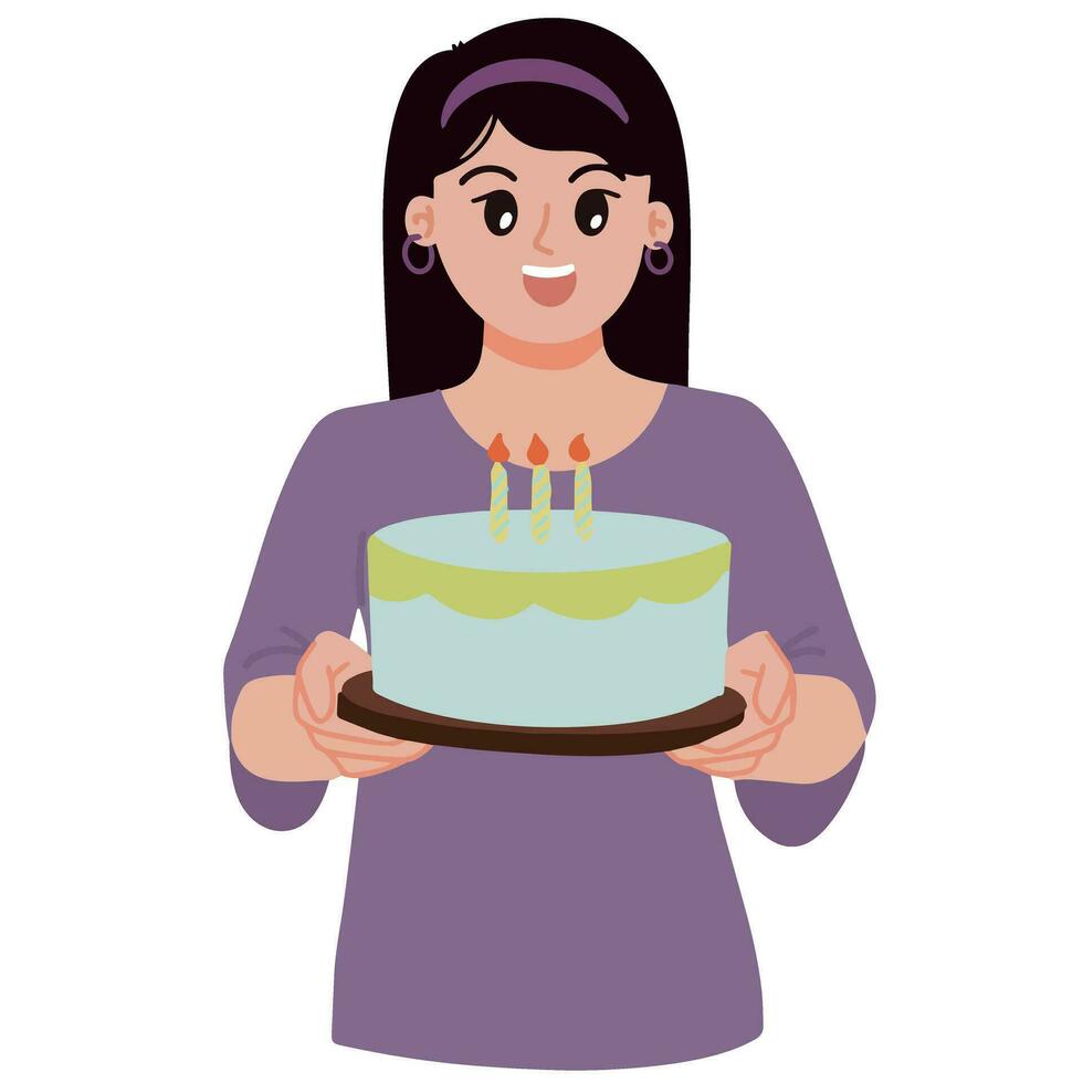 bonito mujer celebrar cumpleaños fiesta con pastel ilustración vector