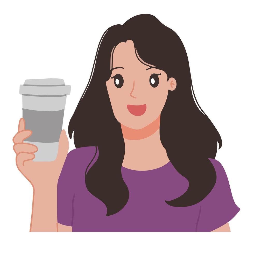 Portrait young woman showing a cup if coffee hand drawn illustration vector