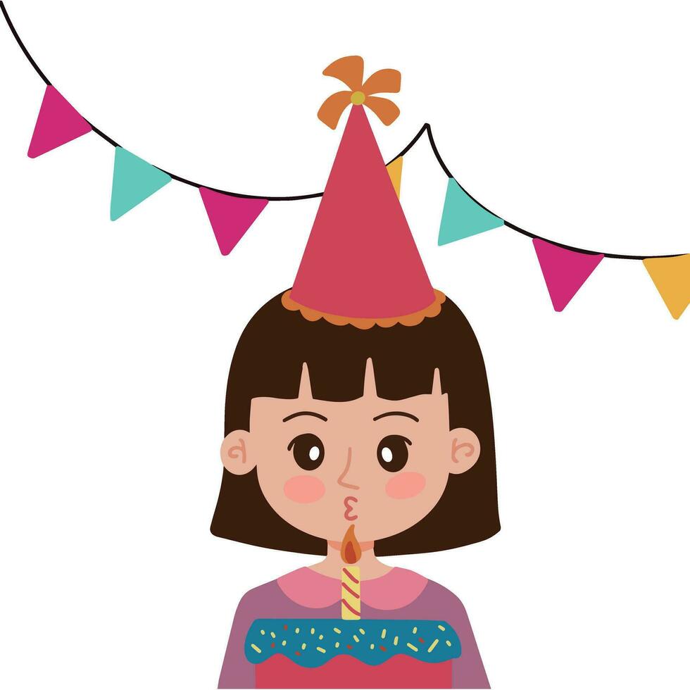 Portrait vector little girl blow the candle celebrate birthday party  illustration