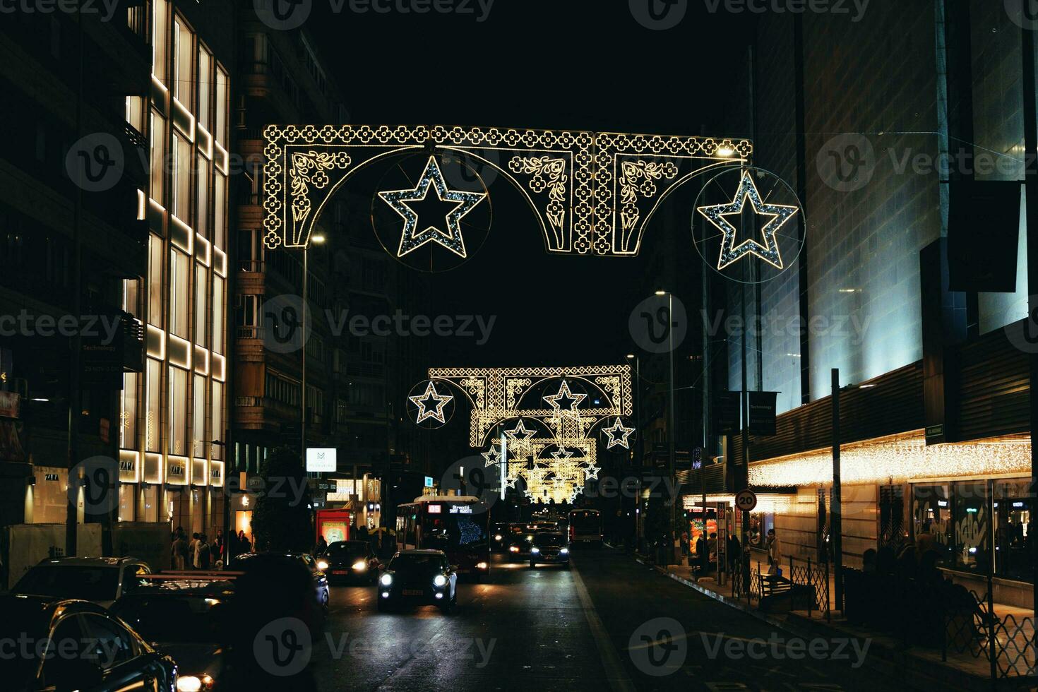 Christmas decorations on the streets of Alicante, Spain at night photo