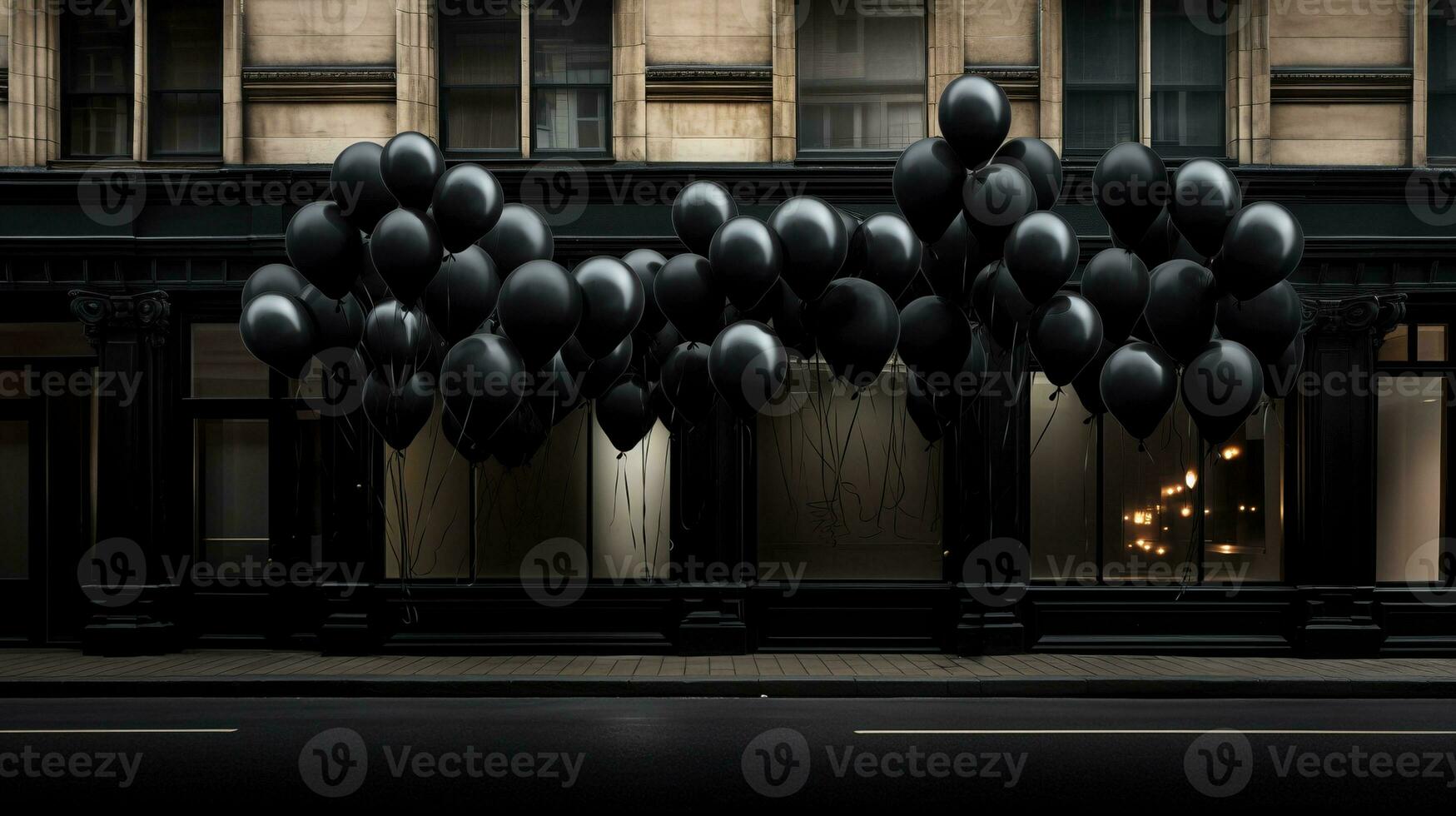 Black balloons shops storefront ai generated banner background copy space photo