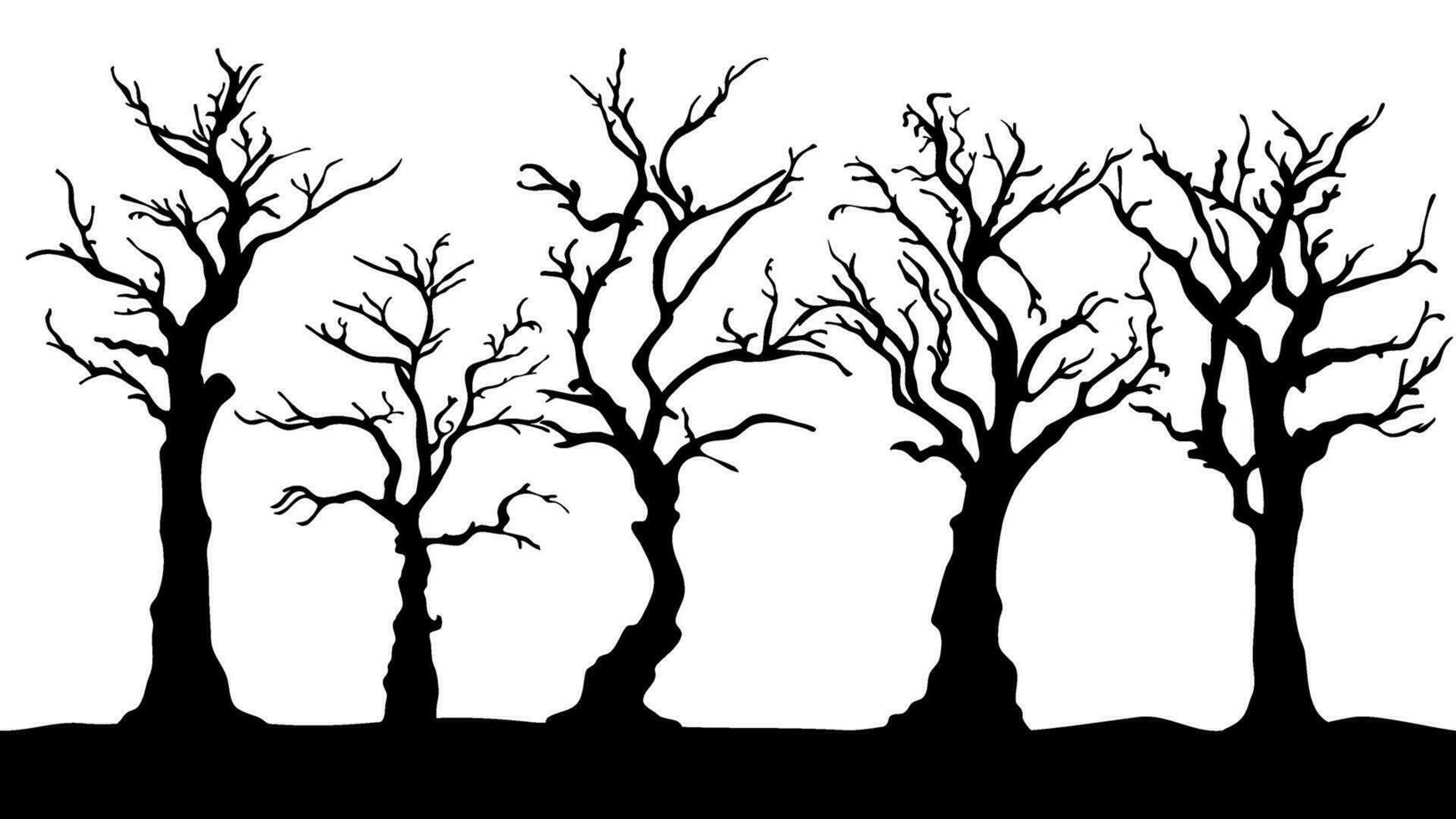 silhouette of a tree. silhouette of dead tree vector illustration. silhouette of trees and branches without leaves. Bare Tree silhouette. Black Branch Tree vector.