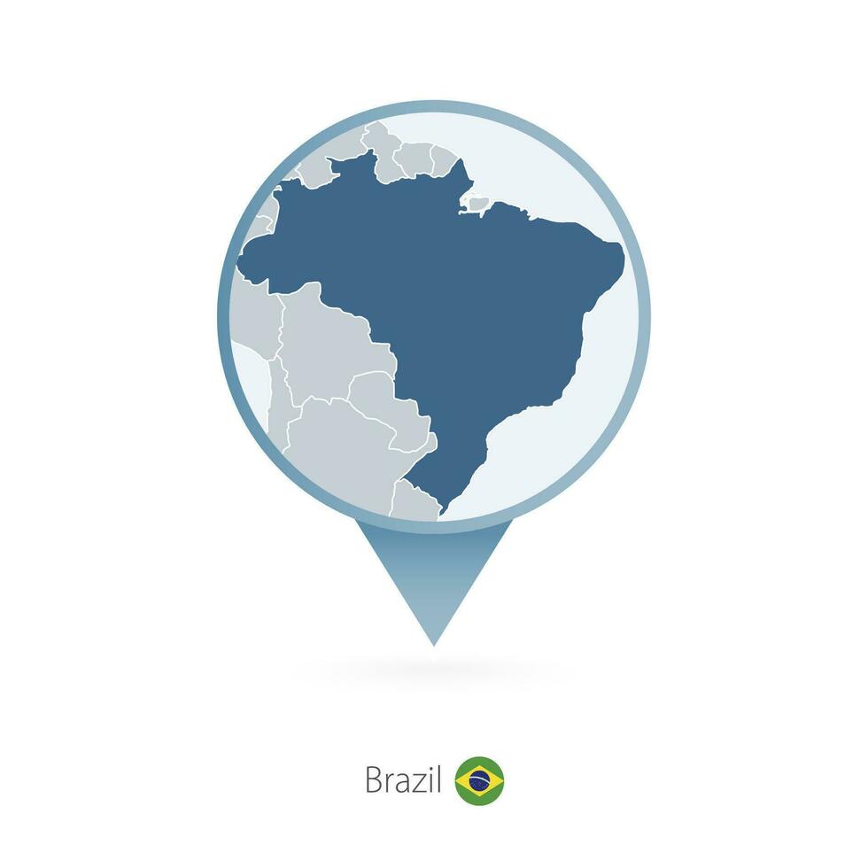 Map pin with detailed map of Brazil and neighboring countries. vector